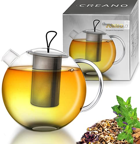 Creano Teekanne 1,5l Jumbo, 3-teilige Glasteekanne im Teekannenset mit integriertem Edelstahl-Sieb & Glas-Deckel, multifunktionale Design-Glas-Teekanne