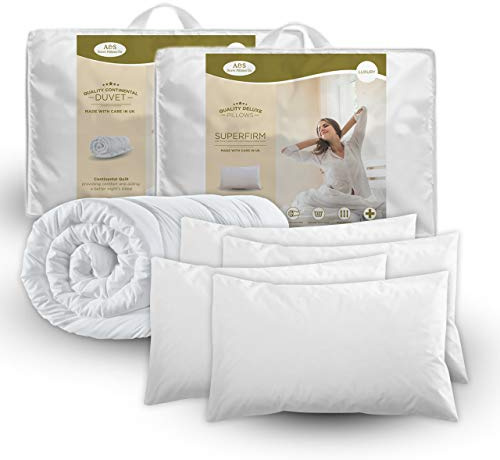 15.0 Tog Winter Duvet, Size Double With 4 Pillows Set - 200 x 200 cm Soft-touch, Anti-Allergy Hollowfibre Filling Quilt & 4 Deluxe Superfirm Pillows. Machine washable.