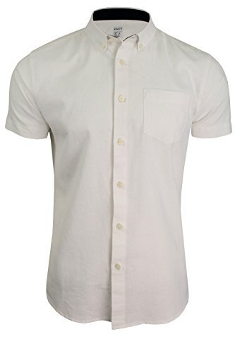 Xact Men's Plain Linen Cotton Shirt, Button-Down Collar, Short Sleeved, Slim Fit (White) M
