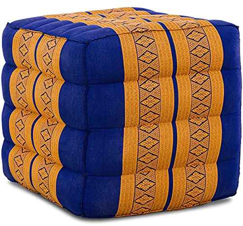 livasia Würfelkissen quadratisch - 40x40x40cm - Sitzhocker mit organischem Kapok, Sitzpouf, Lagerungswürfel viereckig, Bodenkissen Hocker Fußbank Fußhocker handgefertigt (Blau/Gelb)