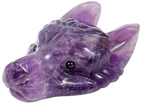 Lovionus89 Natürlich Amethyst Wolf Kopf Stein Statue, Mini 40mm Tier Heilung Kristall Tasche Skulptur