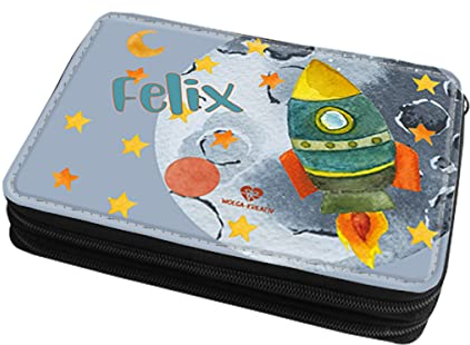 wolga-kreativ gefüllte Federtasche Mäppchen Federmappe Federmäppchen personalisiert für Jungen grüne Rakete Stiftemäppchen mit Namen Bedruckt Schlampermäppchen