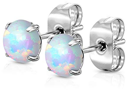 beyoutifulthings Damen 1 Paar Ohringe Runder Opal-Design Stein 4mm Ohr-ringe Ohr-stecker Chirurgenstahl Silber Opal-Weiß