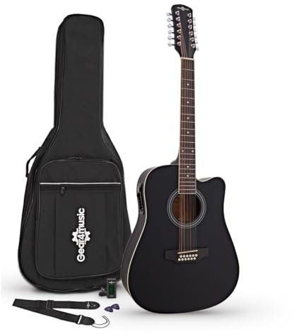 12-saitige Elektroakustikgitarre von Gear4music schwarz mit Verstärker