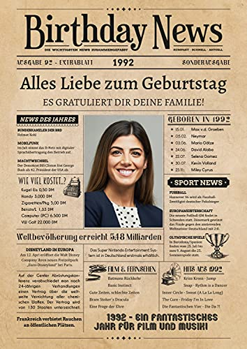 PRINTALA Geburtstagszeitung - personalisiert mit Deinem Text & Foto | Jahrgang nach Wahl | Posterdruck (1992)