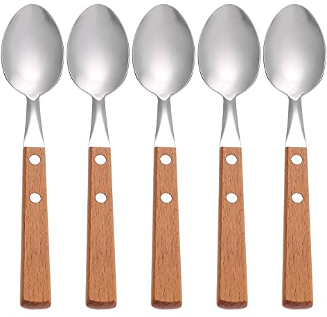 5 Stück Edelstahl Dessertlöffel Mit Holzgriffen - Vielseitig Einsetzbar Für Kuchen, Obst, Getränke - Rostfrei, Langlebig, Leicht Zu Reinigen - Perfekt Für Partys Und Nachmittagskaffee