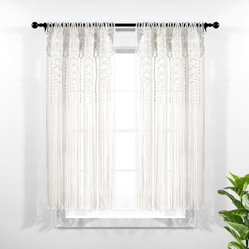 Lush Decor, strukturierter Makramee-Fenster- und Türvorhang, Raumteiler, Hochzeits- oder Wanddekor aus Baumwolle im Boho-Stil, Einzel-Paneel, 101,6 cm B x 160 cm L, Weiß
