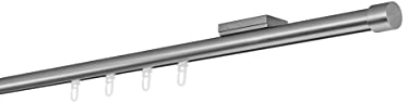 ondeco Gardinenstange auf Maß Innenlauf 20mm Cap 1-lauf Vorhangstange Deckenträger 1,1cm Stilgarnitur mit Gleiter für Vorhänge Edelstahl-Optik 190cm