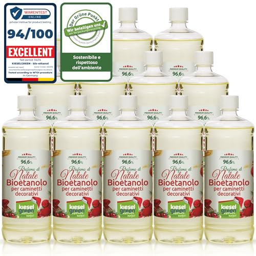 KieselGreen Bioethanolo 12 x 1 litro con Fragranza per Caminetto a Etanolo – Bio-etanolo profumato per Ambienti, molte Fragranze - Profumo per Caminetto a bioetanolo da Interno o da Tavolo