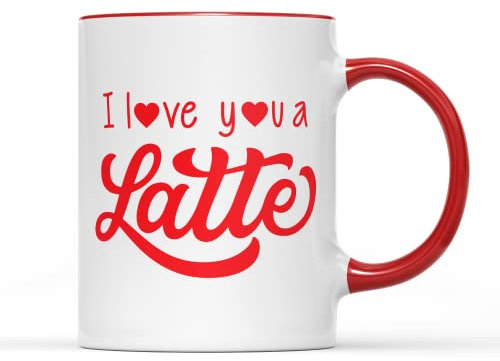 I Love You A Latte Mug - Coffee Mugs Cup Funny Quote Slogan Gifts Valentines Day Birthday Christmas Caffeine Lover Mum Present Idea Hearts Ceramic Handle (Red Handle Prime)