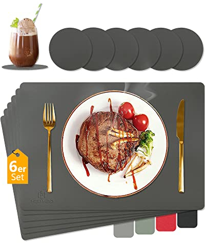 HELI MIAO Platzsets Abwaschbar,Tischsets Abwischbar,Tischset Leder,Hitzebeständig Doppelseitigen I 6er Set Platzdeckchen Kunstleder mit Untersetzer,Tischuntersetzer rutschfest,Platzdecken,Dunkelgrau