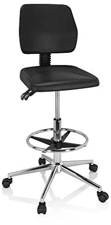 hjh OFFICE 830102 Arbeitsstuhl hoch TOP Work 11 I PU-Hartschaum Schwarz Arbeitshocker mit Lehne, Rollen & Gleiter