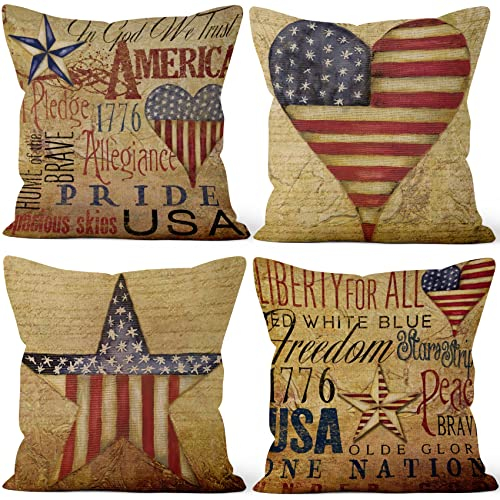 Aoihrraan 41x41cm 4er Set Decorativo Kissenbezug Jahrgang Amerikanisch Flagge Retro Usa Landhausstil Quadratische Dekokissen Aus Mit Unsichtbarem Reißverschluss Leinen Wohnzimmer Sofa Salon Couch