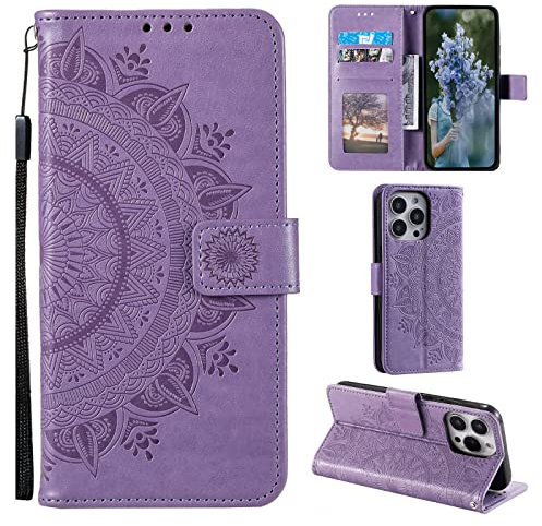 EYZUTAK Case for iPhone 14 Pro Max, Premium Leather Flip Wallet Case with Card Slots Holder Kickstand Hand Strap Mandala Half Flower Design Embossed Shockproof Cover Case - Purple