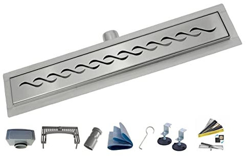 AQUA HEATING Duschrinne Edelstahl superflach, Siphon, 50 cm, Welle Silber
