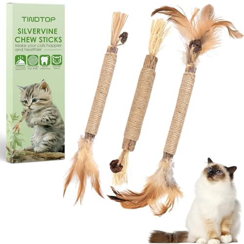 TINDTOP Silberne Weinrebenstäbchen für Katzen mit natürlichen Federn, Kauspielzeug mit Katzenminze zur Reinigung der Zähne von Kätzchen, tötet