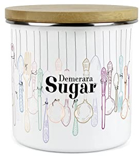 Purely Home Vintage Cutlery Demerara Sugar Storage Canister - White Metal Enamel Kitchen Food Storage Container