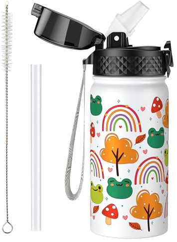 OLDLEY Bouteille d'eau Isotherme pour Enfants Acier Inoxydable 420ml/14oz avec Paille Réutilisable Métal Sous Vide étanche pour Garder Chaudes Froides pour l'école, Garçons Filles (Grenouille Blanche)