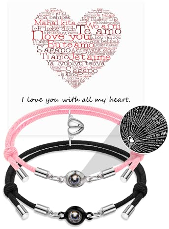 QianSiLi Paar Armbänder, Ich liebe dich in 100 Sprachen Projektion Armband, einstellbar, Paar Geschenke für ihn sie Freund Freund, Jahrestag Geschenk Geburtstag Valentinstag (Rosa+Schwarz)