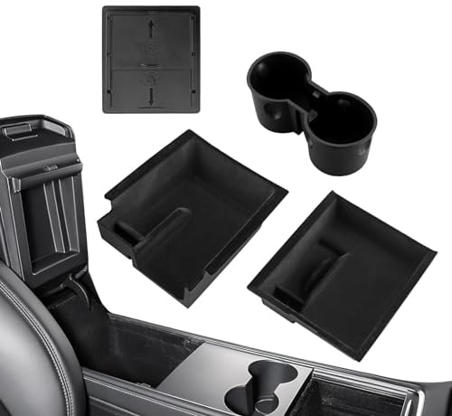 EYPINS 4PCS Center Console Organizer Tray, Car Interior Accessories for Tesla Model 3/Y 2021-2023 Model Y 2024, Flocked Material Non-Slip & Vibration with Armrest Hidden Cubby Drawer Storage Box