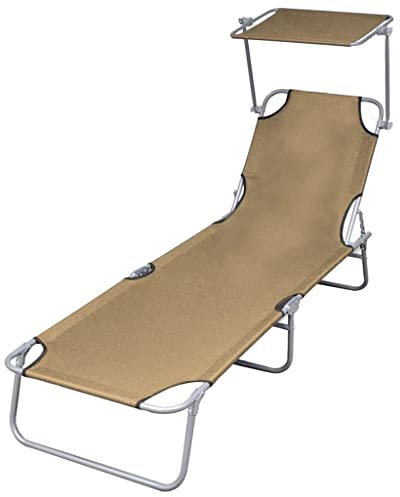 ULUYYUC Rattan-Liegebett Sonnenbank Tagesbett-Überdachung Liege GartenKlappliege mit Sonnenschutz Stahl Taupegeeignet für Pools, Strände, Decks