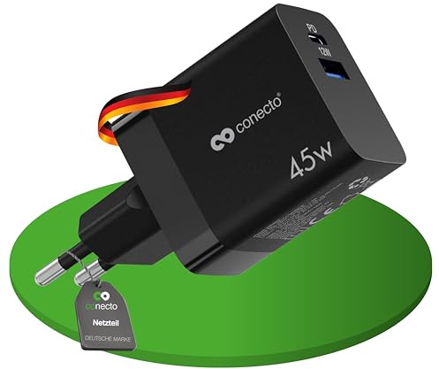 conecto USB-C Ladegerät Netzteil Schnellladegerät Lader 45W PD QC schwarz | 2-Port, GaN Charger Netzstecker mit Ladestromerkennung für Smartphone, Tablet und Laptop, ideal für Zuhause und Reisen