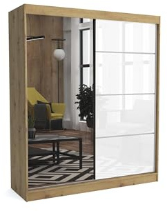 Brent - Kleiderschrank mit Spiegel Suzan, 180cm Breit, Schlafzimmerschrank mit 1 Kleiderstange und Einlegeböden für Kleidung, Kleiderschrank Artisan Eiche/Weiß Hochglanz