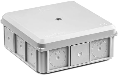 SIMET Anschlussdose 90x37x90mm IP55 mit 5 Stopfbuchsen, Verschluss mit einer Edelstahlschraube, Steckmontage, Hitzebeständigkeit 650 °C, UV-beständig, grau, 48 Stück