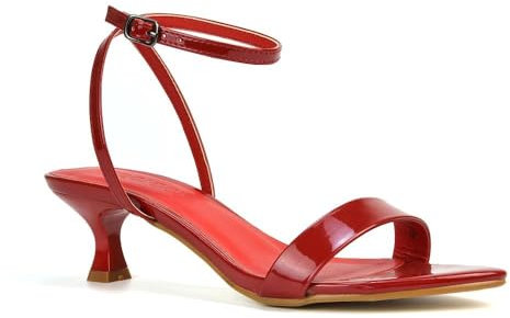 ESSEX GLAM Women Kitten Low Heel Strappy Sandal Ladies Cherry Red Patent Ankle Strap Two Part Heeled Shoes Size 7
