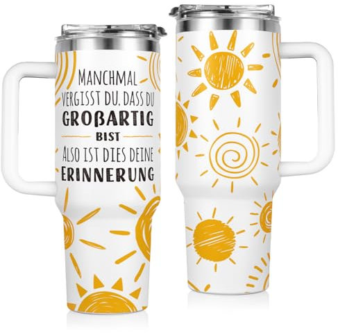 Craftique Inspirierende Geschenke für Frauen, Geschenk Freundin, Sonnenmuster, Beste Freundin Geschenke, Geburtstagsgeschenk für Frauen, Lehrerin Geschenk, 1.2L Thermobecher mit Strohhalm und Griff