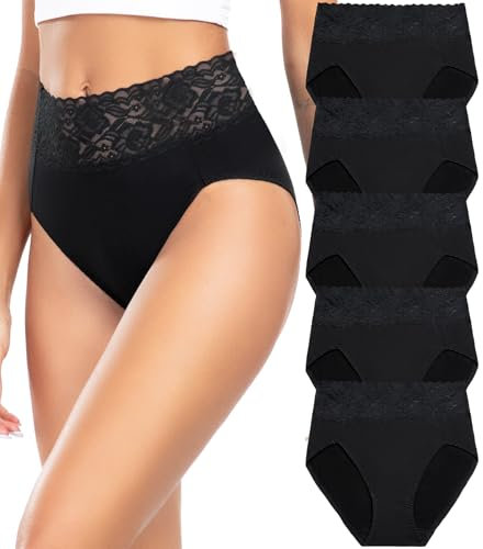 Wealurre Unterhosen Damen, Unterwäsche Frauen Baumwolle Hohe Taille Slip Damen Unterwäsche Spitze 5er Pack (6005,Black,S)