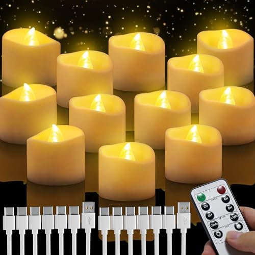 Led Kerzen Wiederaufladbar, 12 Stücke Teelichter mit Timerfunktion, Led Kerzen Flackernde Flamme mit Fernbedienung für Weihnachten, Halloween, Herbst und Hochzeit, Winter