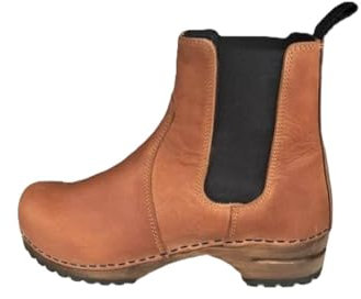Lotta From Stockholm Hedda Clog Boot for Women | Low Heel Winter Boots | Wooden Clogs Made of Lime Tree and Soft Oiled Leather | Women's Ankle Boots | Cognac - Size UK 7 / EUR 40
