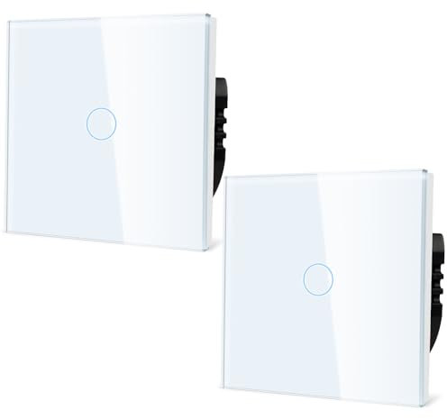 TAWOIA Normaler Lichtschalter, Wandlichtschalter, Standard 110 V-240 V, 86 x 86 mm Gehärtete Kristallplatte mit LED Hintergrundbeleuchtung 1 Fach 2 Weg Touch Lichtschalter,1000W,Weiß 2er-Pack