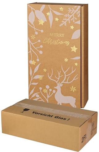 5x Wein-Versand-Set/ 2er Flaschen Geschenkkarton Weihnachten Natur/Gold + zertifizierter Versandkarton