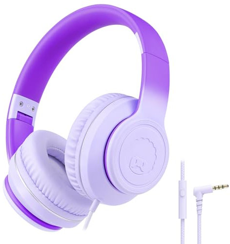 rockpapa L22 - Cuffie cablate per bambini, ragazze, ragazzi e donne, con microfono, pieghevoli da 3,5 mm, per scuola, Chromebook, tablet, laptop, aereo, sfumate, viola