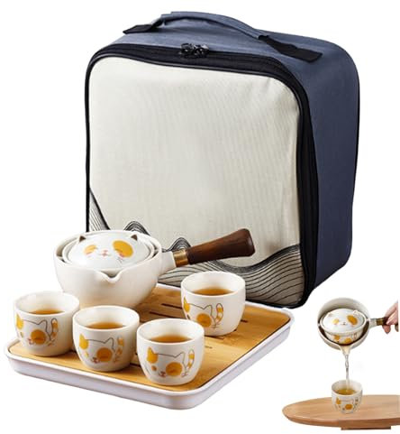 Ensemble de thé de chat, set de thé Travel 7pcs / set Ceramic mignon chat de thé chinois portable avec théière et infuseur de rotation 360, 4 tasses à thé, plateau de thé en bambou et sac de transpor