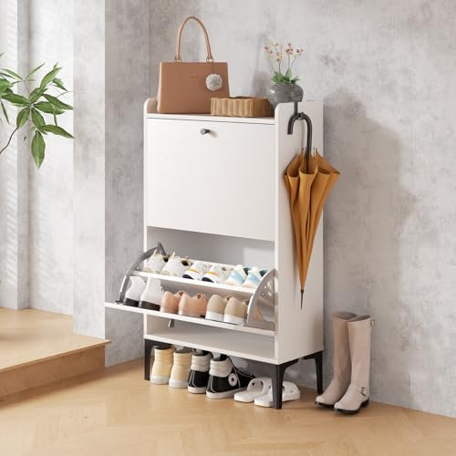 Dripex 2 Drawer Shoe Cabinet, Wooden Shoe Cupboard with 2 Flip Drawers, Adjustable and Removable Divider, Metal Flip Stand & Support Feet, Shoe Storage Cabinet For Hallway(White, 60cm width)