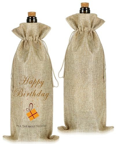 AOZUO 2pcs Happy Birthday Wine Bags, Wine Bottle Drawstring Gift Bag Burlap Champagne Wrap Bag Funny Birthday Gift for Women Men Friendship Husband Wife Her Him Lovers (Present)
