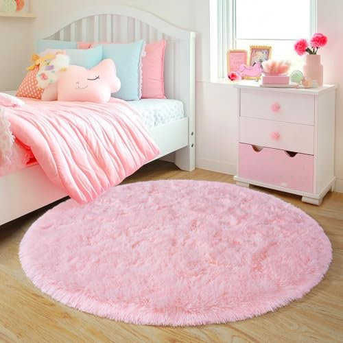 Quntue Runde rosa Teppiche für Mädchenzimmer, ultraweich, flauschig, Kreisteppich für Kinderzimmer, niedlicher kleiner Zottelteppich für Wohnzimmer, Spielzimmer, Zelt, Schloss, Heimdekoration