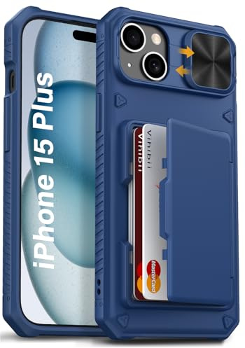 Vihibii for iPhone 15 Plus/iPhone 14 Plus Wallet Case, Blue | Card Holder [RFID Blocking], Slide Camera Cover, Raised Edges Protect Screen, Shockproof Rugged Phone Case for iPhone 15 Plus