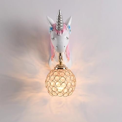AoLa Kristall Wandleuchte Kinderzimmer Einhorn Design Wandlampe lnnen E27 Weiß Harz und Kristallkugel Nachttischlampe Modern Jungen Mädchen Zimmer Deko Lampe süße Cartoon Nachtlicht für Schlafzimmer