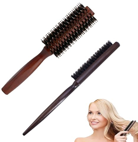 Lot de 2 brosses en poils de sanglier - Brosse à cheveux - Grande brosse ronde - Petit pinceau à barbe - Manche en bois de noyer - Pour cheveux longs, épais, bouclés, secs ou abîmés (brun rouge)