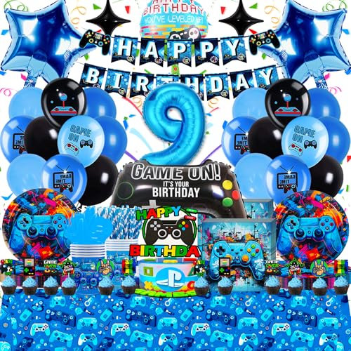 Videospiel Geburtstag Deko 9 Jahre - 93 Teilige Geburtstagsparty Ballon Set, Gaming Geschirr in Blau und Schwarz, Hochwertig & Umweltfreundlich, ideal für Kindergeburtstagsfeiern und thematische Event