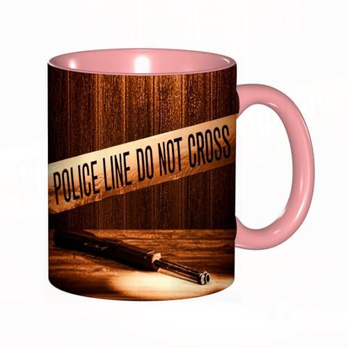 EKLMPS Becher aus Keramik, Ideal als Geschenk, Hochwertiger Aufdruck, Tasse mit Motiv, Tee Becher, Coffee Cup, 330ml,Tatort, Absperrband am Tatort, Waffe