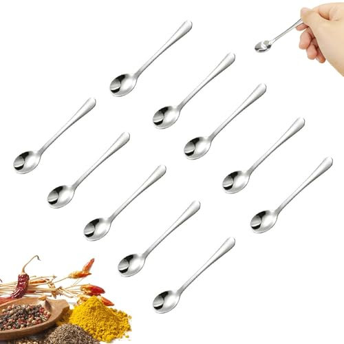 TUBAWD 10 Pcs Mini Spoon, Compact Size, Silvery Stainless Steel, Perfect for Spices, Sauces, Salt & Pepper