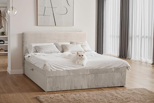 Kaiser Möbel - Boxspringbett 200x200 cm - Bett mit Bettkasten, Matratze H2 Mittelweich und Topper - Hohe Kopfstütze, 2 Matratzen und 2 Bettkästen - Polsterbett Trento, Plüsch Cord Velo Ecru