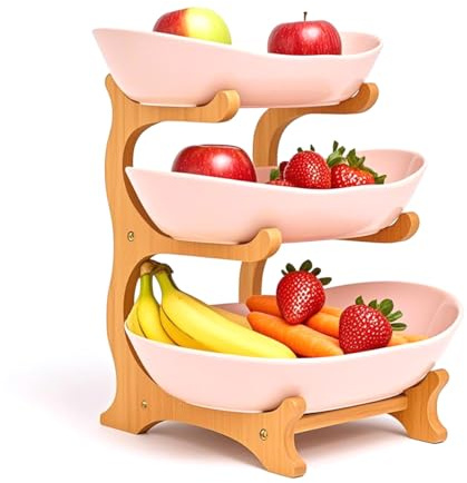 Zosebffej Obstschale mit Bambus-Holzständer, Obst- und Gemüse-Süßigkeiten-Dekorkorb für Küchentheke, großes Fassungsvermögen, Gemüseaufbewahrungsständer, Snacks, Tablett, Tellerregal (Rosa, drei