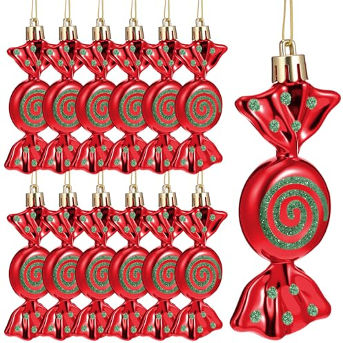 Threan 12 Weihnachtsbaum Süßigkeiten Christbaumschmuck Bonbon Glitzernde Hängende Weihnachtliche Süßigkeiten Ornamente Zuckerstangen Deko mit Goldenen Seilen(Rot, Glitter Green,Plastik)