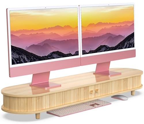 WELL WENG Monitorständer 2 monitore im geschwungenen Design aus Holz | 107x26.4x14cm Bambus Bildschirmerhöhung mit Schiebetüren Bildschirmständer Aufbewahrungsregal für den Schreibtisch